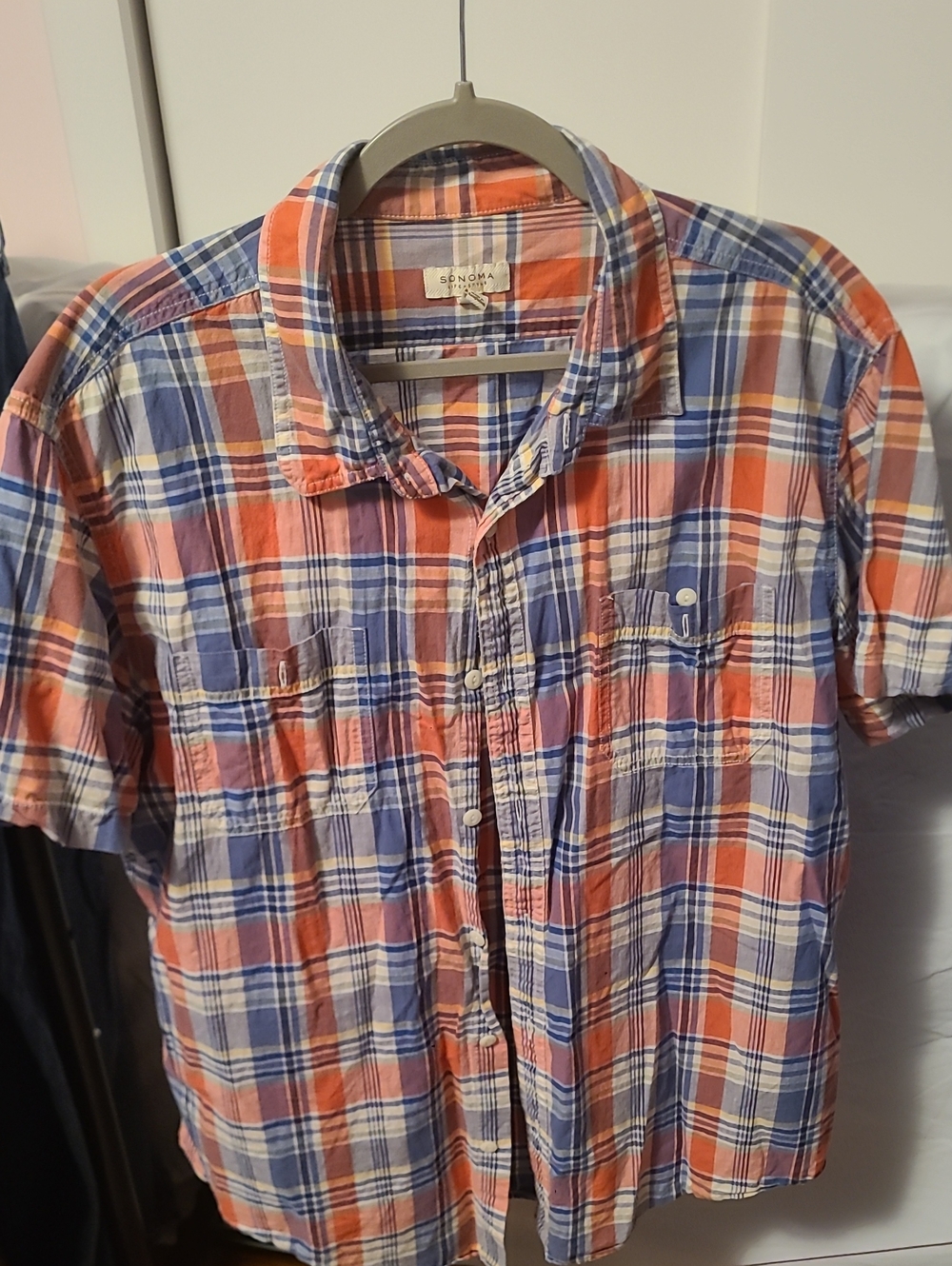 Sonoma Orange and Blue Plaid Short-Sleeve Button-Down Shirt